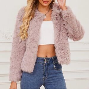 Light Pink Pastel Blush Cropped Faux Fur Jacket Soft Winter Coat NEW